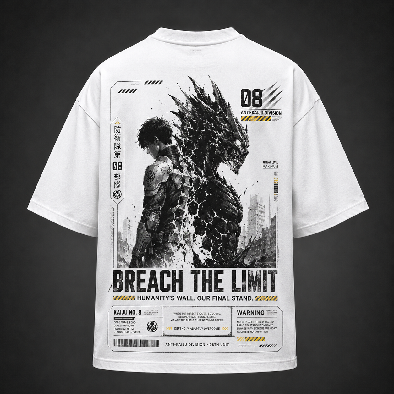 White t-shirt with Kafka Hibino Kaiju No. 8 Breach The Limit graphic – photo 1