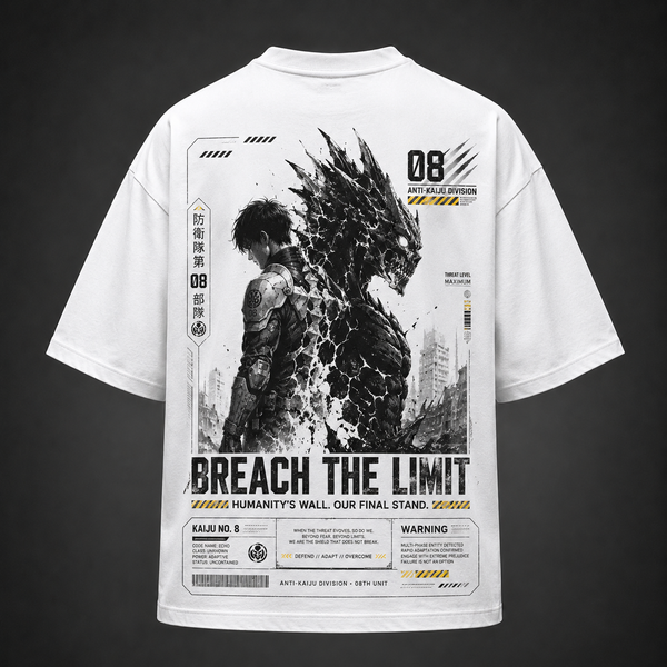 White t-shirt with Kafka Hibino Kaiju No. 8 Breach The Limit graphic – photo 1