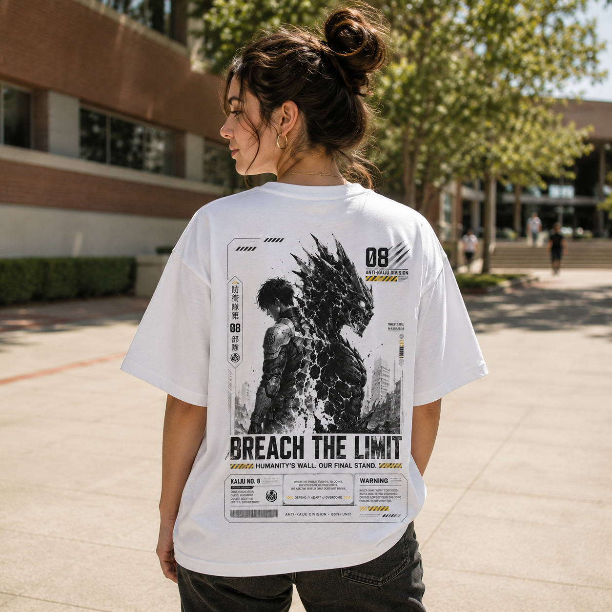 White t-shirt with Kafka Hibino Kaiju No. 8 Breach The Limit graphic – photo 3