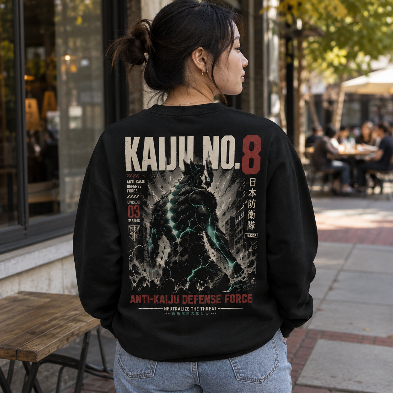 Black sweatshirt with Kafka Hibino Kaiju No. 8 Defense Force Division 03 graphic – photo 3