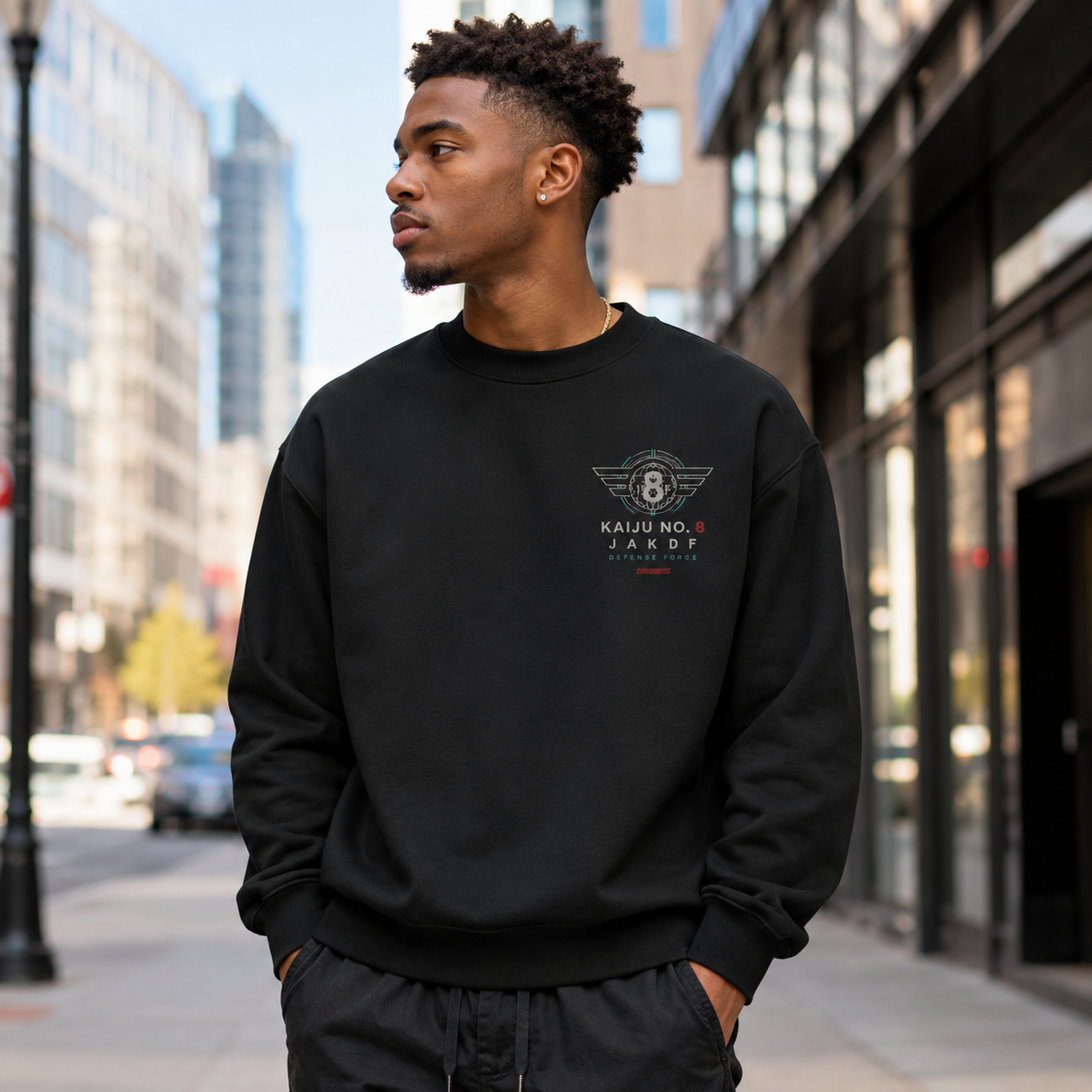 Black sweatshirt with Kafka Hibino Kaiju No. 8 Defense Force Division 03 graphic – photo 4