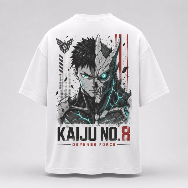 White t-shirt with Kafka Hibino Kaiju No. 8 Defense Force Duality graphic – photo 1