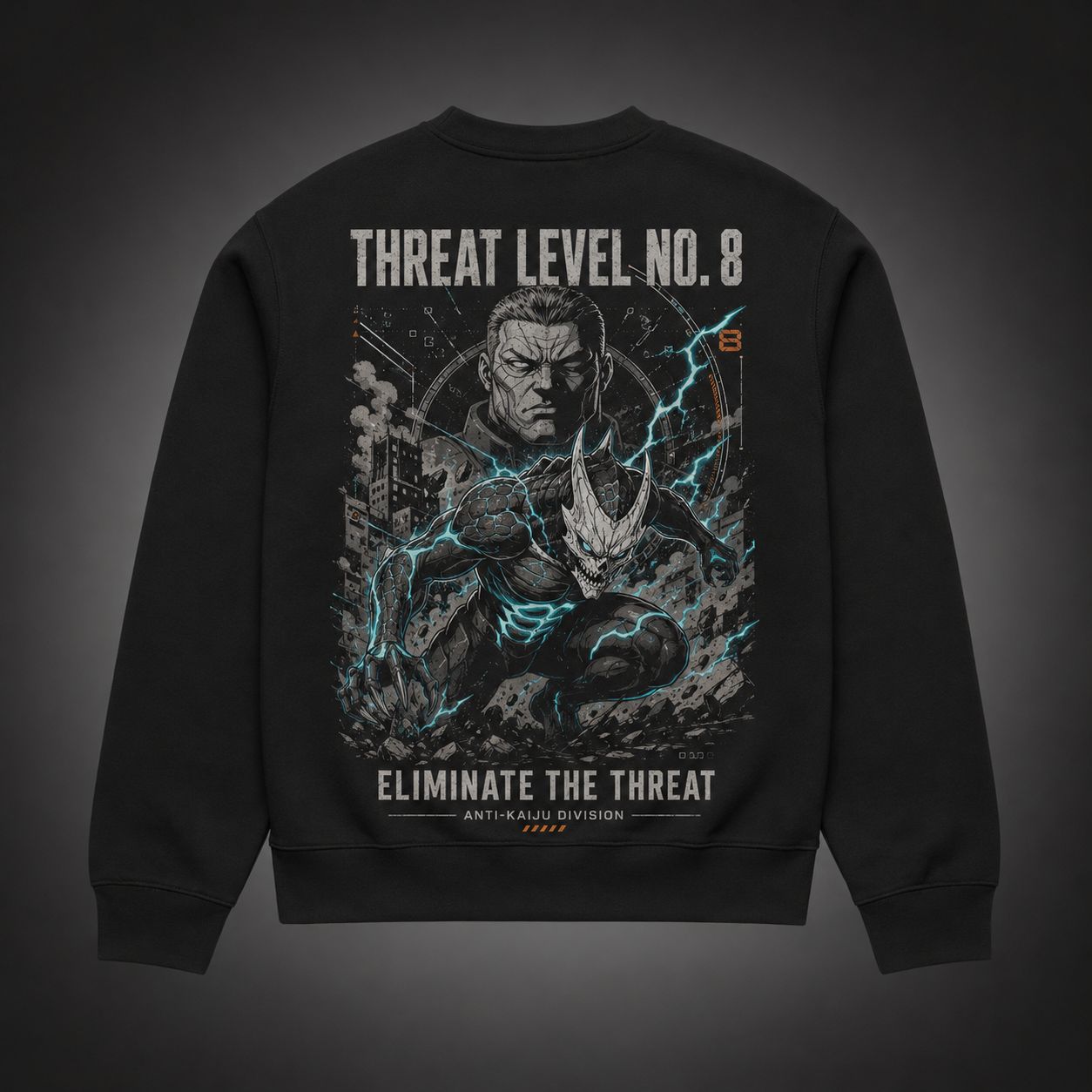 Black sweatshirt with Kafka Hibino Kaiju No. 8 Eliminate The Threat graphic – photo 1