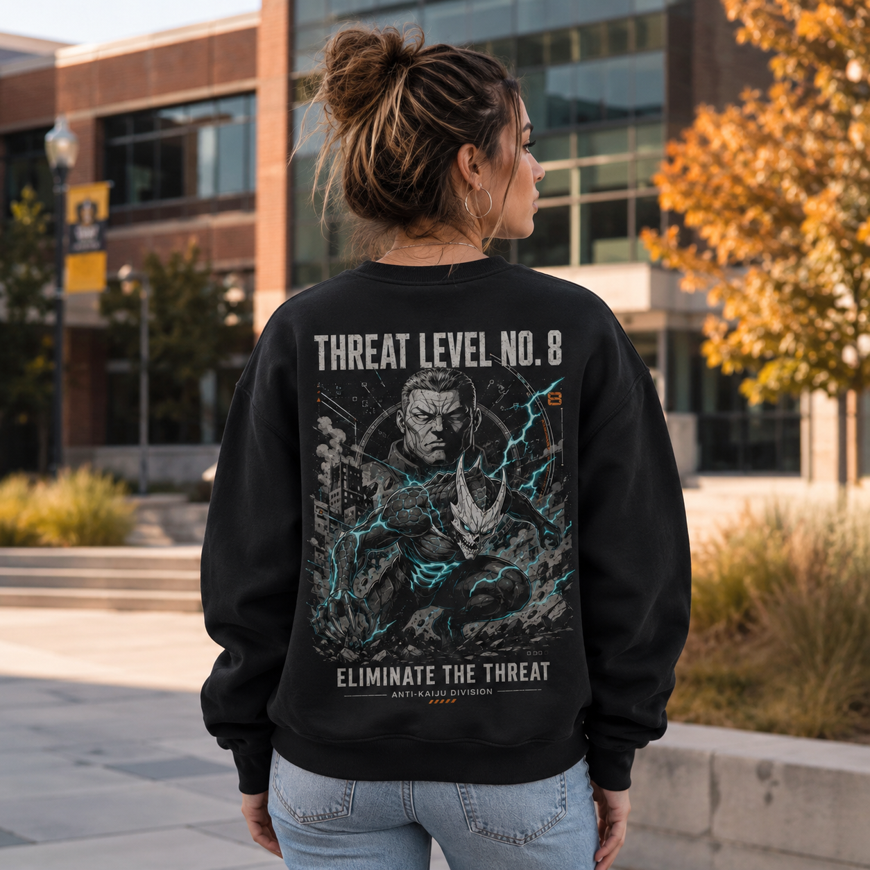 Black sweatshirt with Kafka Hibino Kaiju No. 8 Eliminate The Threat graphic – photo 3