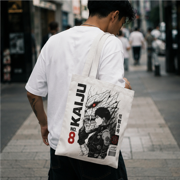 Natural tote bag with Kafka Hibino Kaiju No. 8 Kaiju Mask Reveal graphic – photo 4
