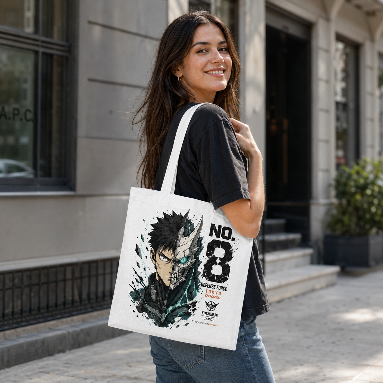 Natural tote bag with Kafka Hibino Kaiju No. 8 Monster Within graphic – photo 3