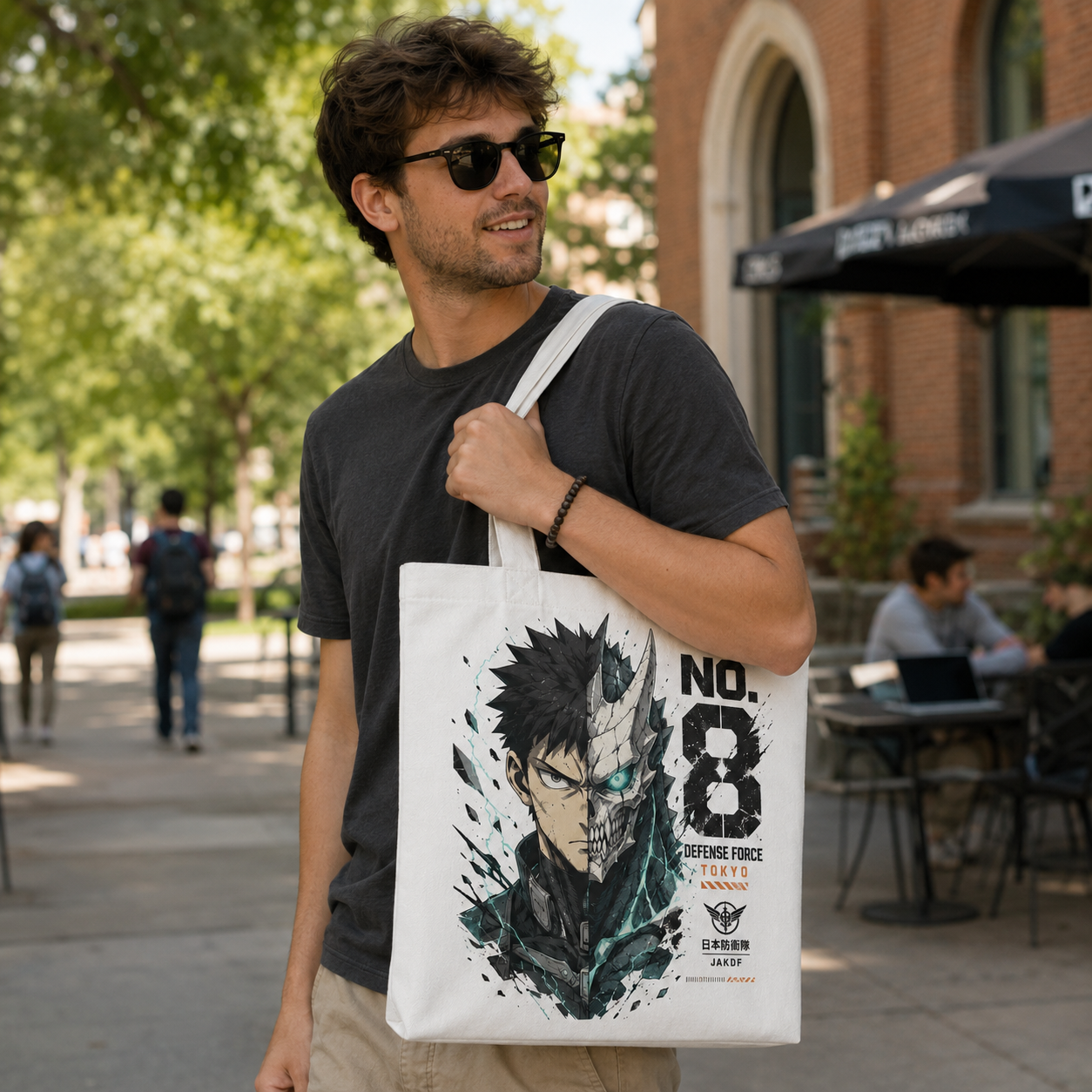 Natural tote bag with Kafka Hibino Kaiju No. 8 Monster Within graphic – photo 4