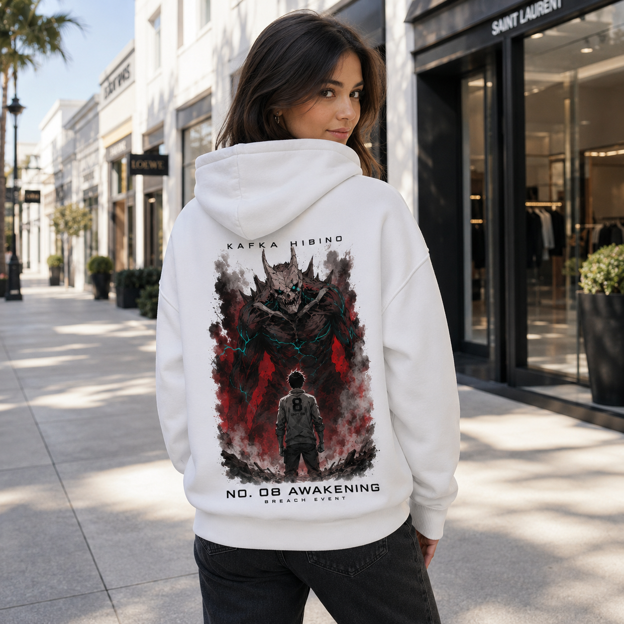 White hoodie with Kafka Hibino Kaiju No. 8 No. 08 Awakening graphic – photo 3