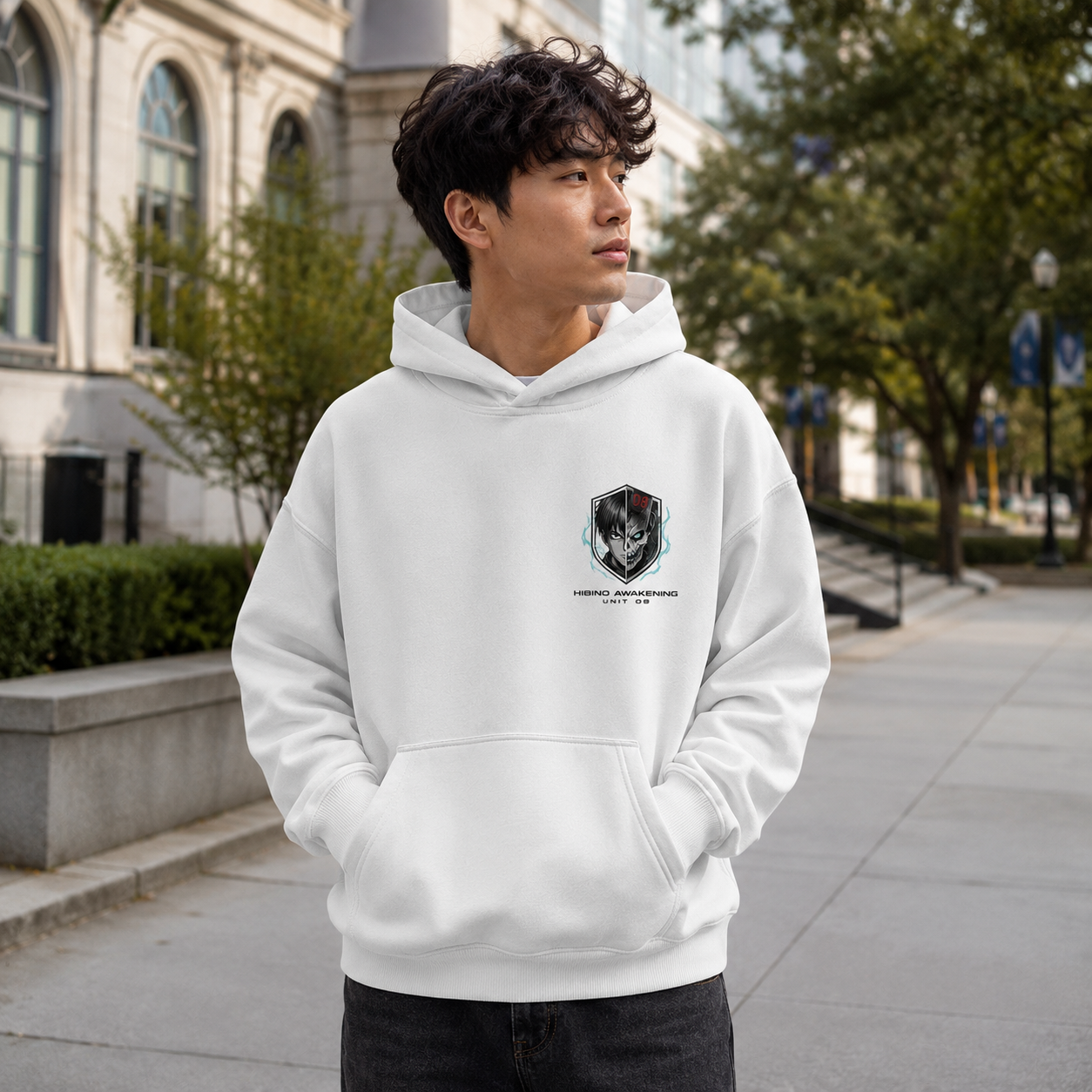 White hoodie with Kafka Hibino Kaiju No. 8 No. 08 Awakening graphic – photo 4