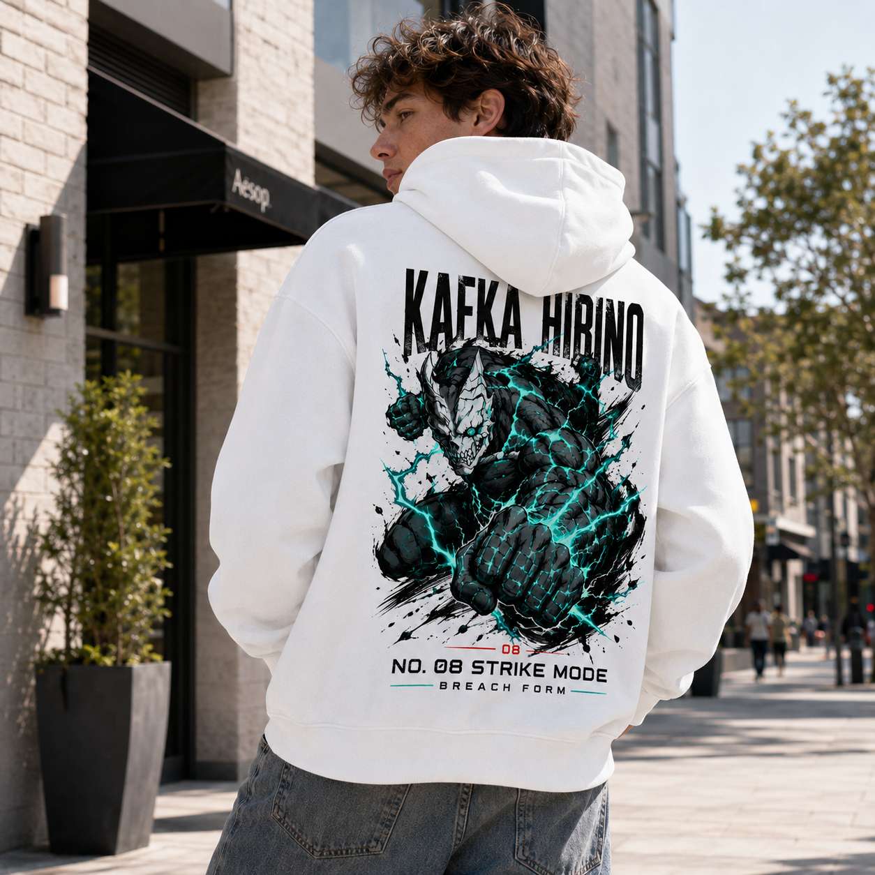 White hoodie with Kafka Hibino Kaiju No. 8 Strike Mode graphic – photo 3