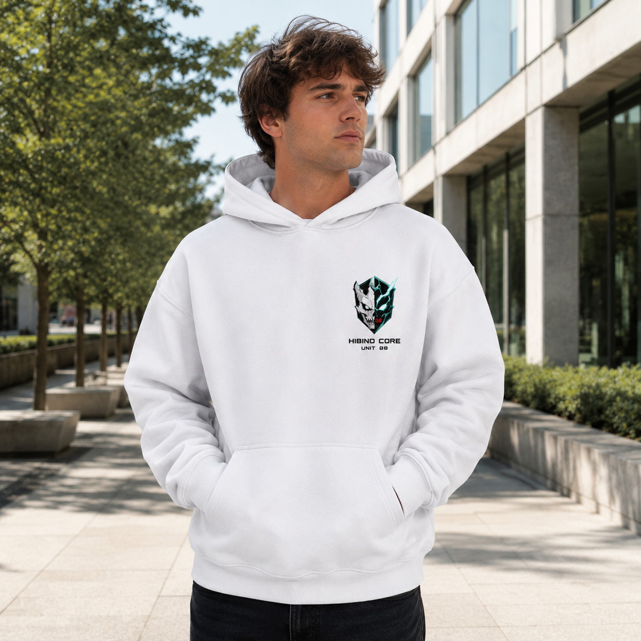 White hoodie with Kafka Hibino Kaiju No. 8 Strike Mode graphic – photo 4