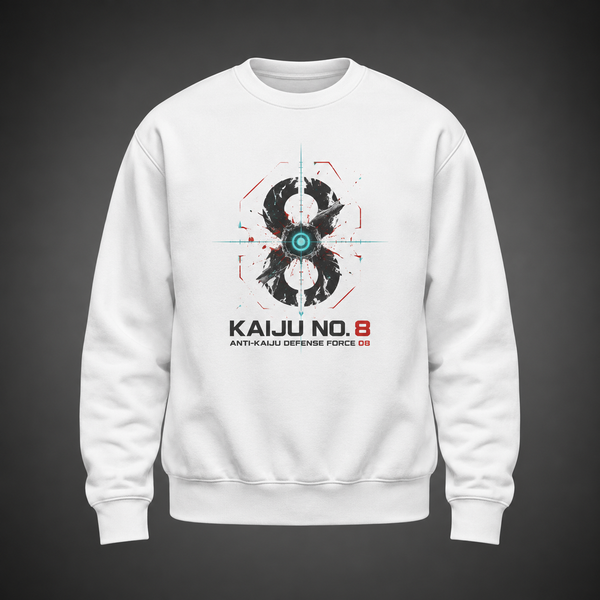 White sweatshirt with Kafka Hibino Kaiju No. 8 Threat Level Undefined graphic – photo 2