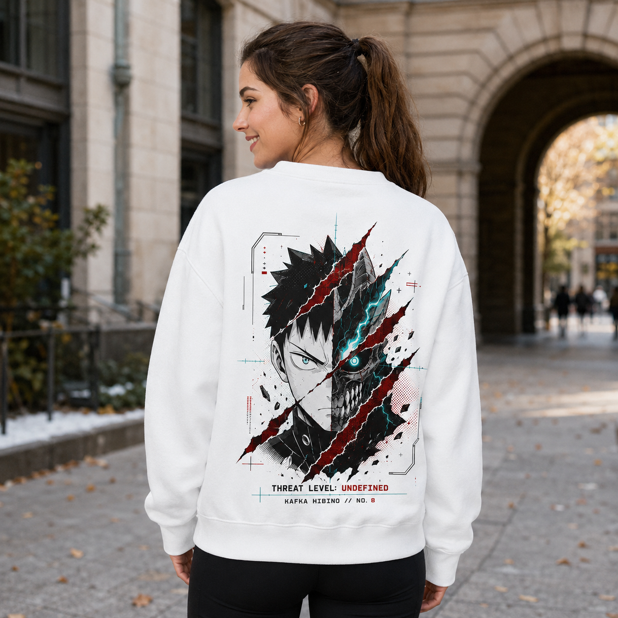 White sweatshirt with Kafka Hibino Kaiju No. 8 Threat Level Undefined graphic – photo 3