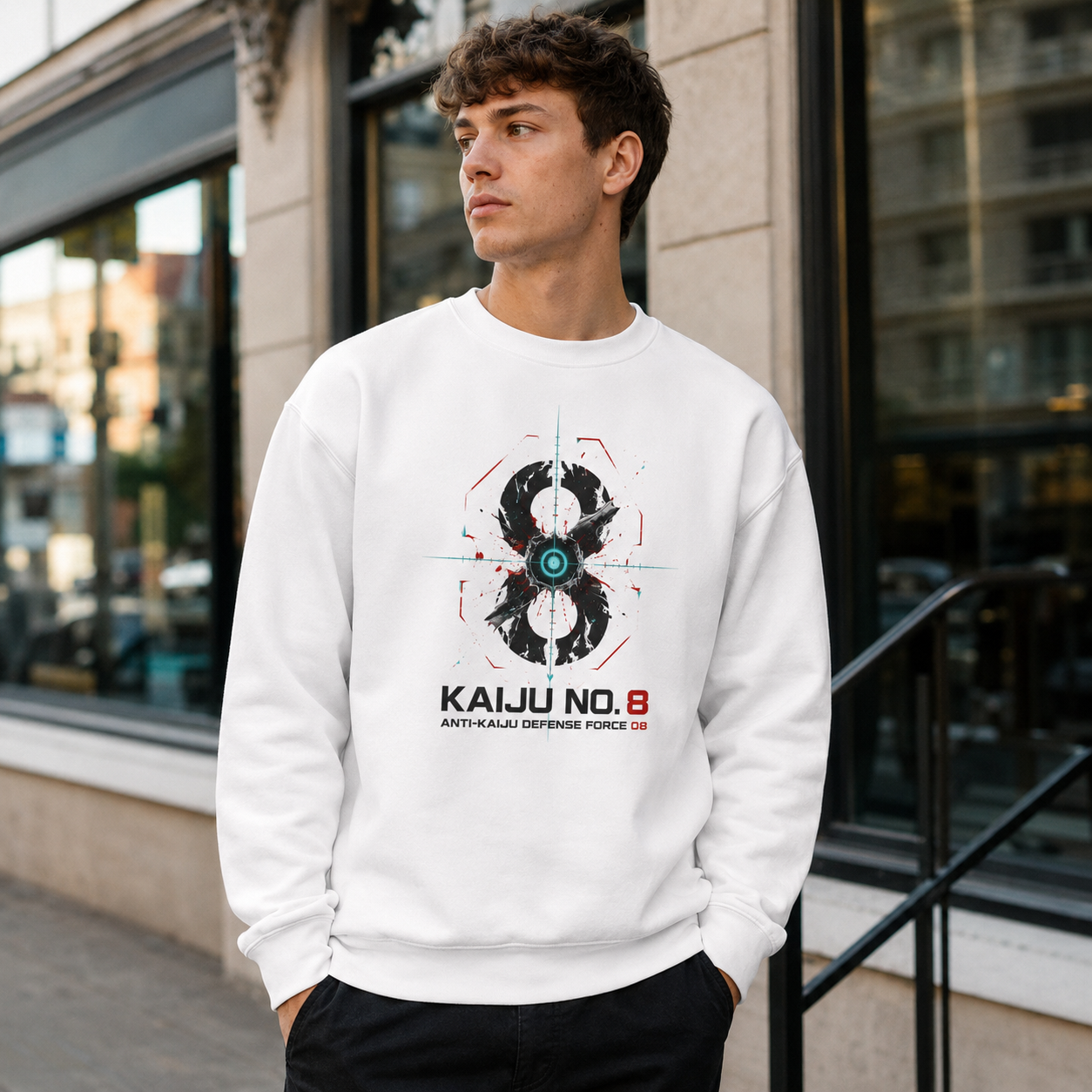White sweatshirt with Kafka Hibino Kaiju No. 8 Threat Level Undefined graphic – photo 4