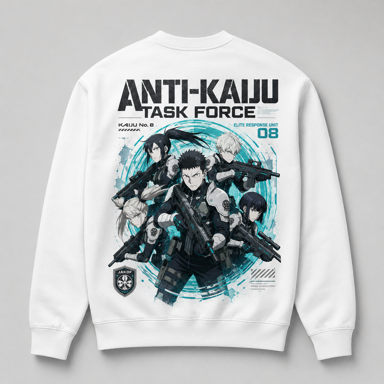 White sweatshirt with Kafka Hibino & Mina Ashiro Kaiju No. 8 Anti-Kaiju Task Force graphic – photo 1