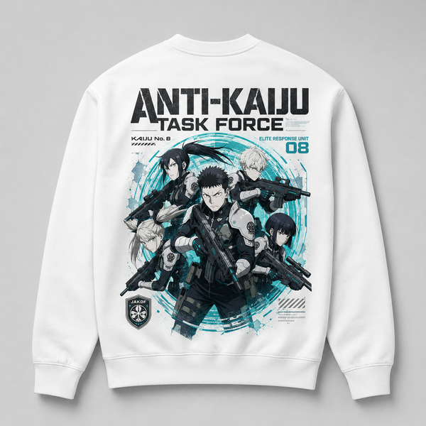 White sweatshirt with Kafka Hibino & Mina Ashiro Kaiju No. 8 Anti-Kaiju Task Force graphic – photo 1