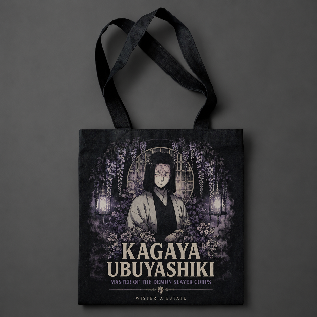 Black tote bag with Kagaya Ubuyashiki Demon Slayer Calm Above Chaos graphic – photo 1
