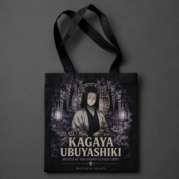 Black tote bag with Kagaya Ubuyashiki Demon Slayer Calm Above Chaos graphic – photo 1