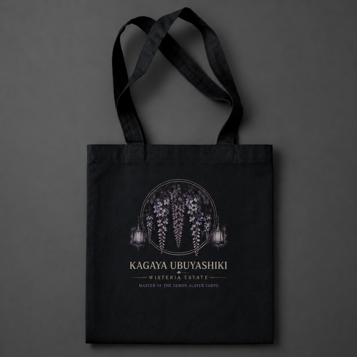 Black tote bag with Kagaya Ubuyashiki Demon Slayer Calm Above Chaos graphic – photo 2