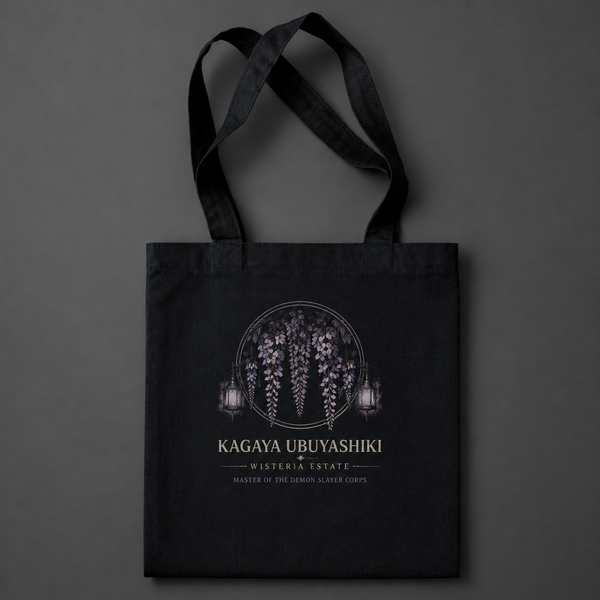 Black tote bag with Kagaya Ubuyashiki Demon Slayer Calm Above Chaos graphic – photo 2