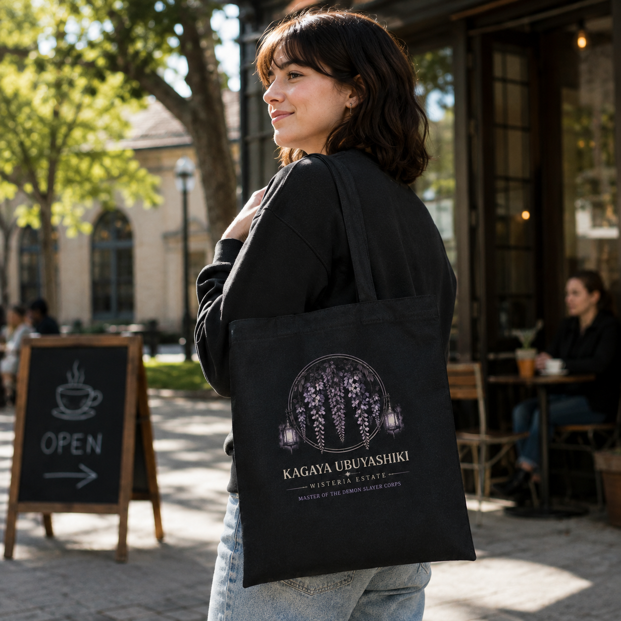 Black tote bag with Kagaya Ubuyashiki Demon Slayer Calm Above Chaos graphic – photo 4