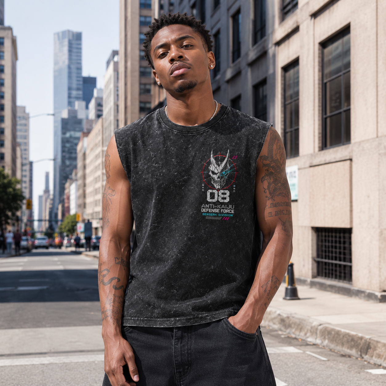 Washed black tank top with Kaiju No. 8 Berserk Onslaught graphic – photo 3