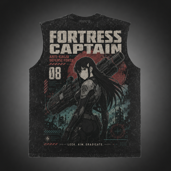 Washed black tank top with Kaiju No. 8 Fortress Captain graphic – photo 1