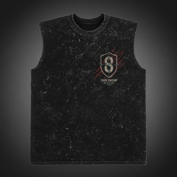 Washed black tank top with Kaiju No. 8 Threat Level 8 graphic – photo 1