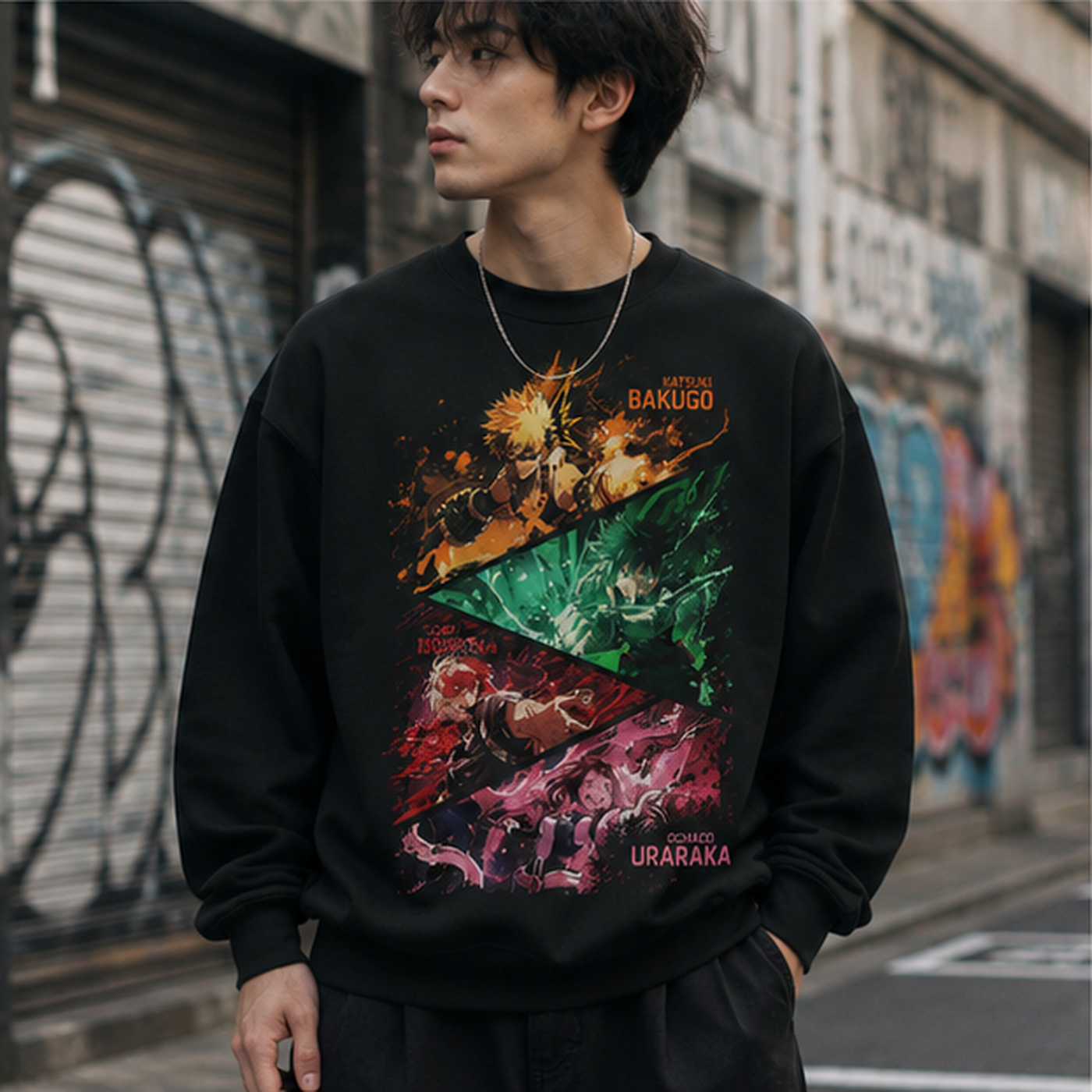 Black sweatshirt with Katsuki Bakugo, Izuku Midoriya, Shoto Todoroki, Ochaco Uraraka My Hero Academia Plus Ultra Shards graphic – photo 4