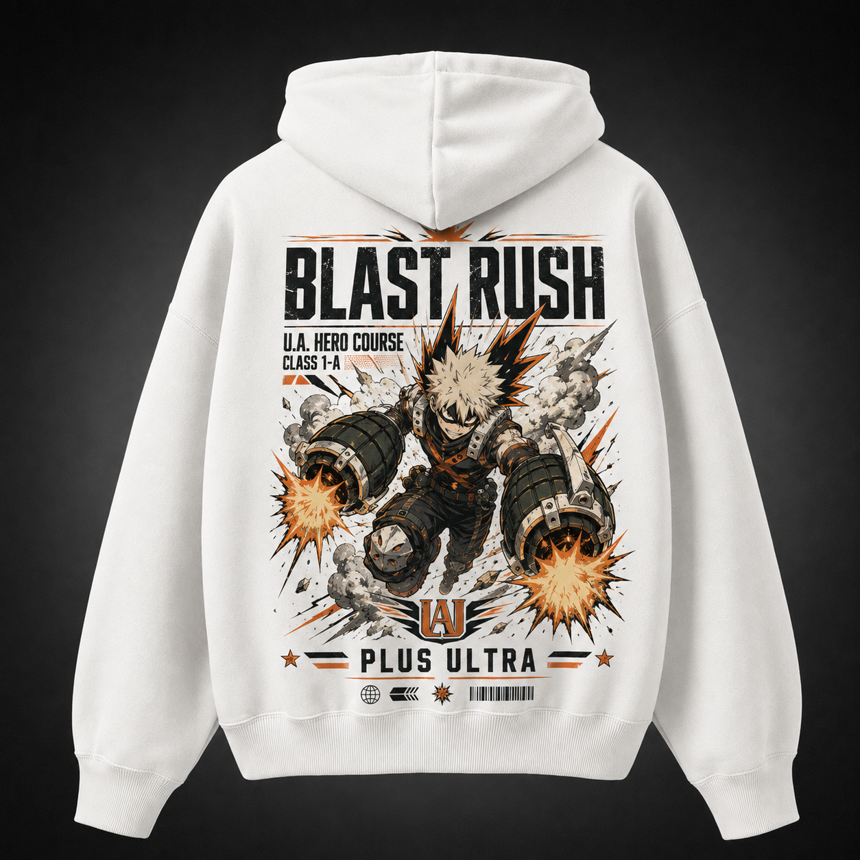 White hoodie with Katsuki Bakugo My Hero Academia Blast Rush graphic – photo 1