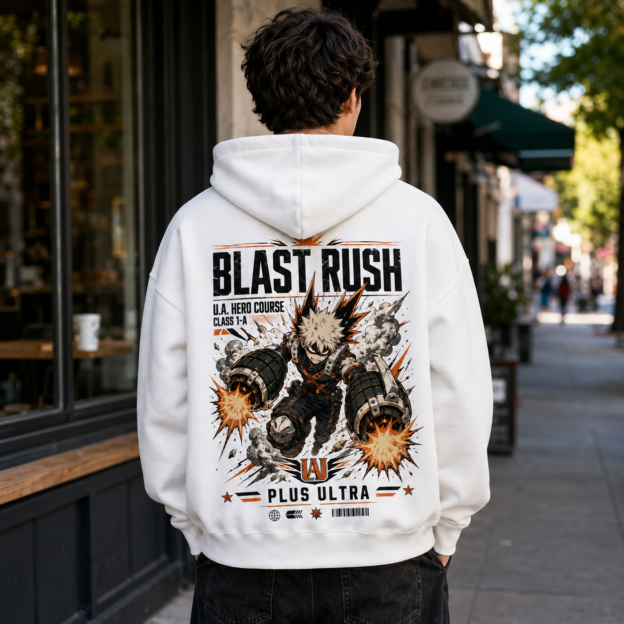 White hoodie with Katsuki Bakugo My Hero Academia Blast Rush graphic – photo 3