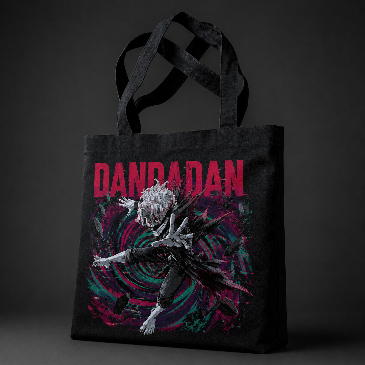 Black tote bag with Ken Takakura Dandadan Spiral Descent graphic – photo 2