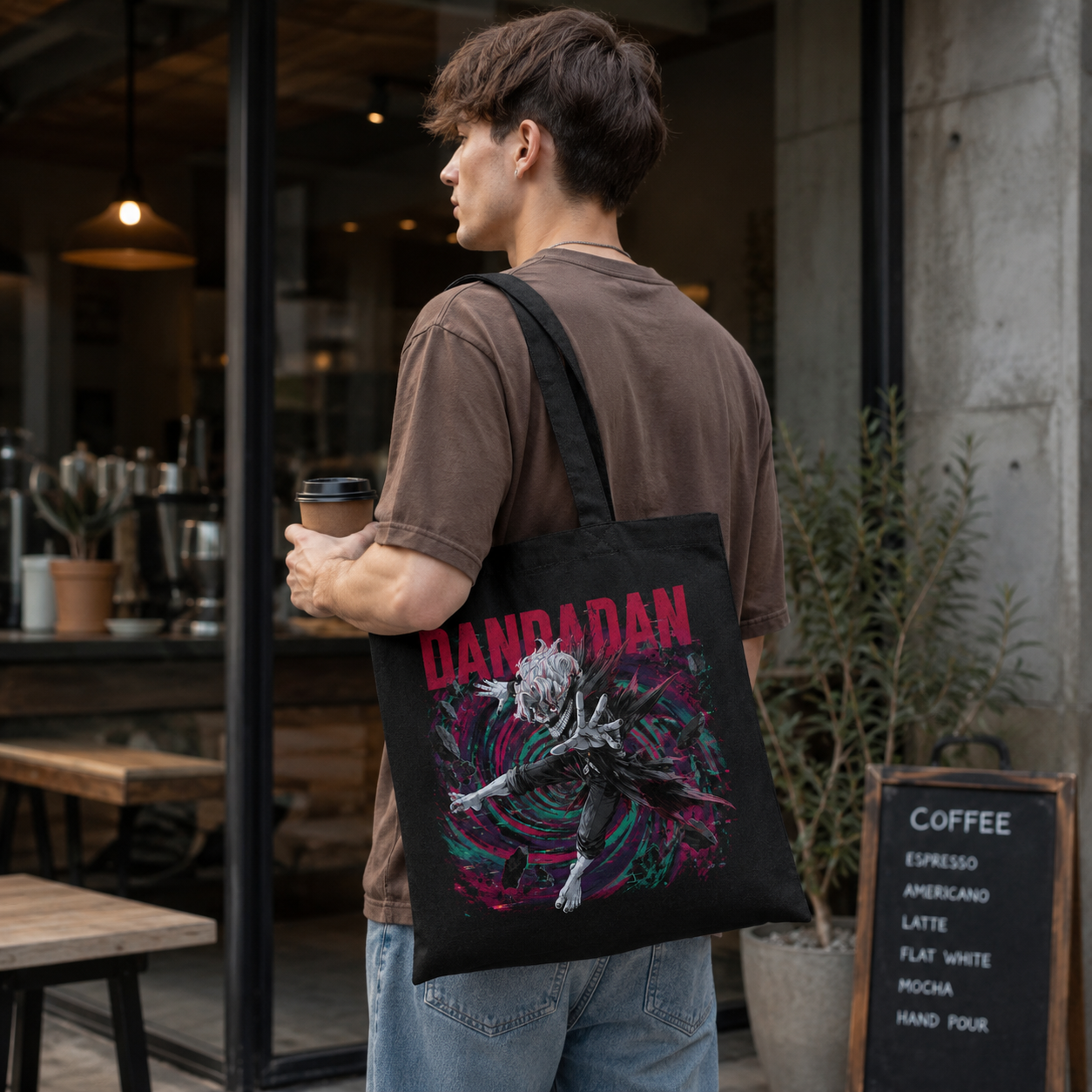 Black tote bag with Ken Takakura Dandadan Spiral Descent graphic – photo 4