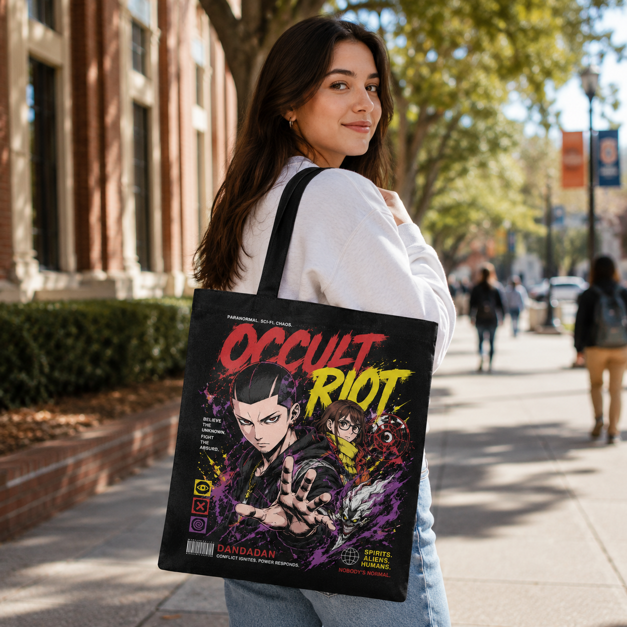 Black tote bag with Ken Takakura & Momo Ayase Dandadan Occult Riot graphic – photo 3