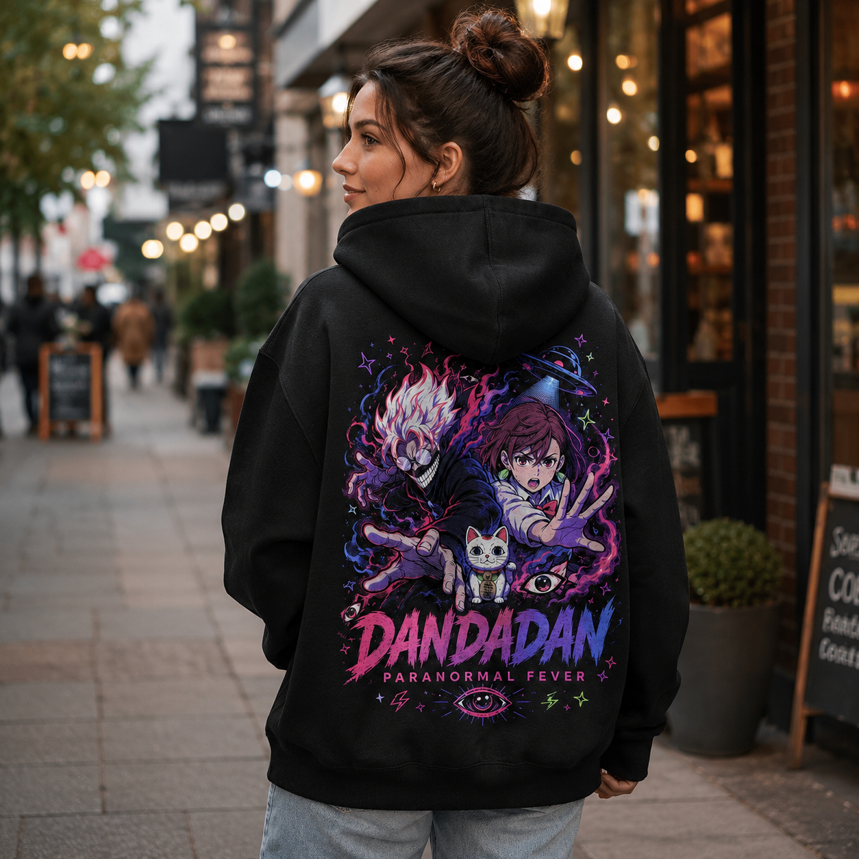 Black hoodie with Ken Takakura & Momo Ayase Dandadan Paranormal Fever graphic – photo 3
