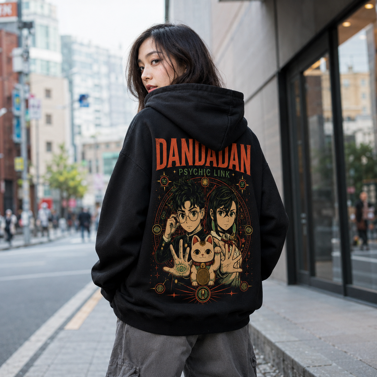 Black hoodie with Ken Takakura & Momo Ayase Dandadan Psychic Link graphic – photo 3