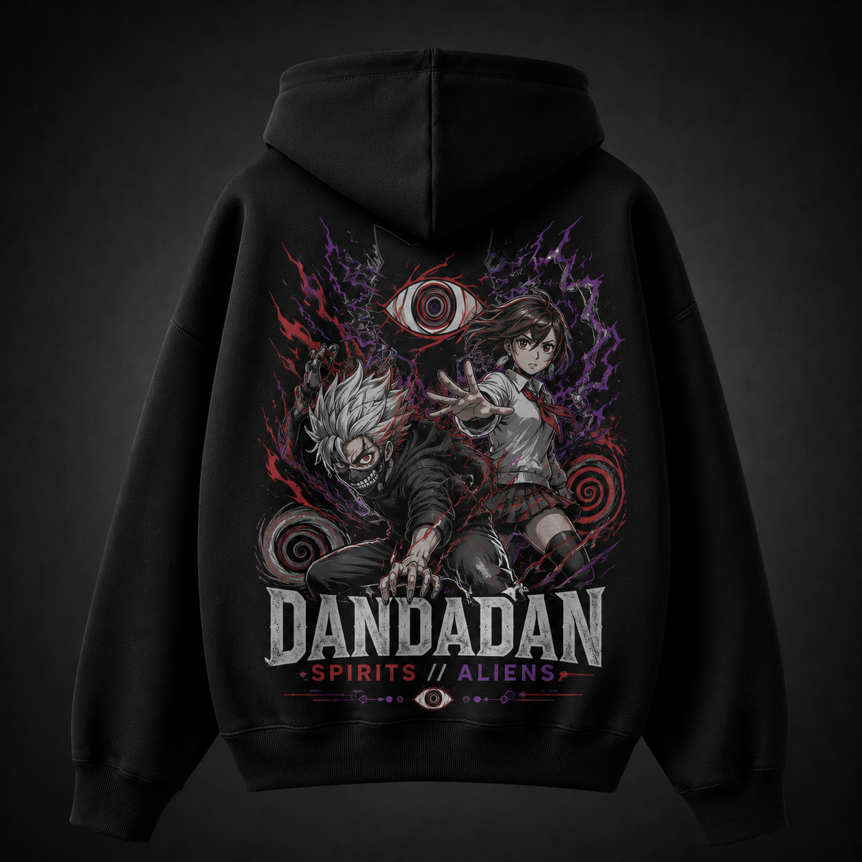 Black hoodie with Ken Takakura & Momo Ayase Dandadan Spirits And Aliens graphic – photo 1