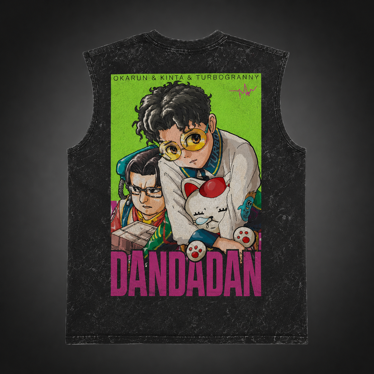 Washed black tank top with Ken Takakura & Turbo Granny Dandadan Turbo Trio graphic – photo 1