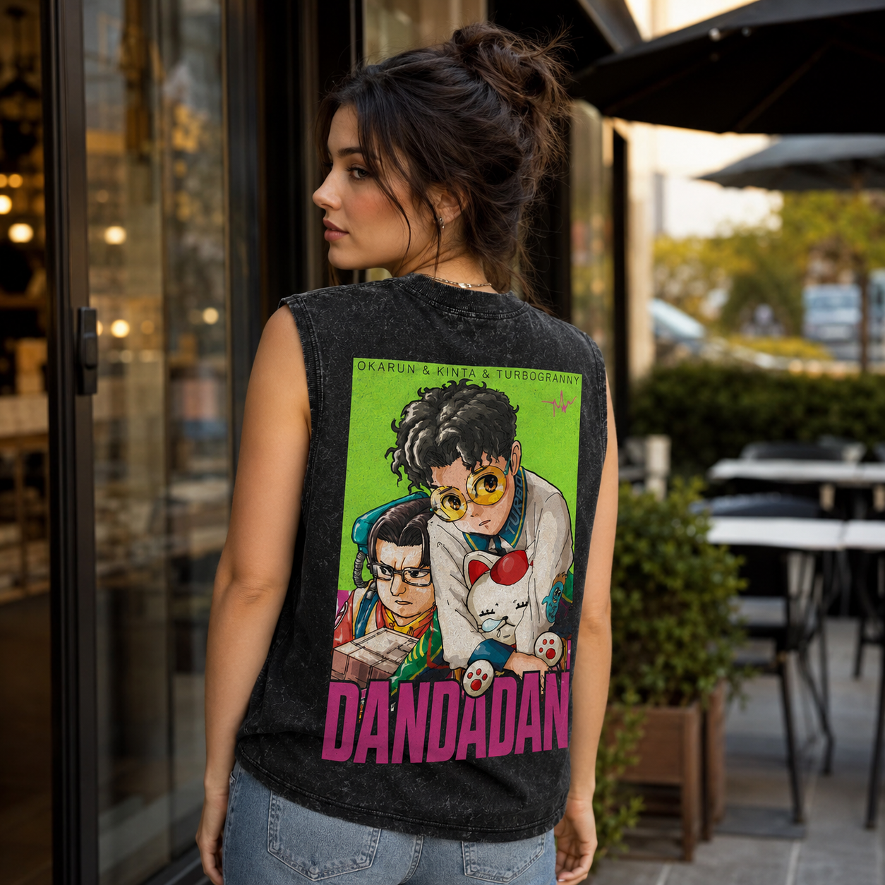 Washed black tank top with Ken Takakura & Turbo Granny Dandadan Turbo Trio graphic – photo 3