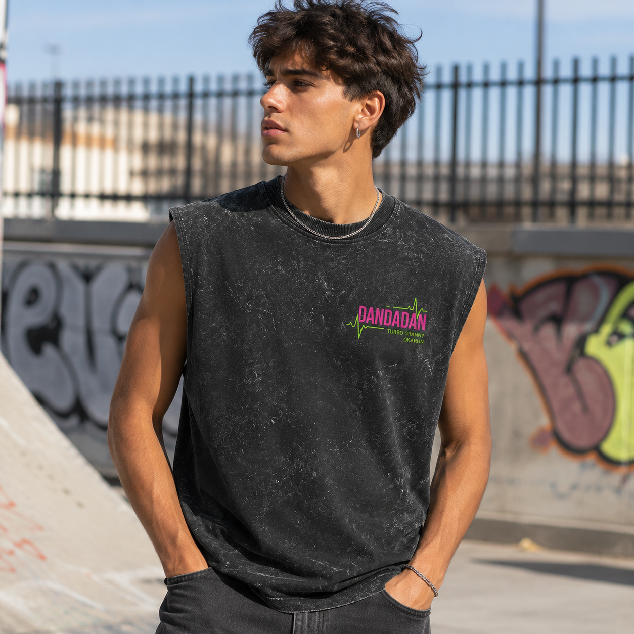 Washed black tank top with Ken Takakura & Turbo Granny Dandadan Turbo Trio graphic – photo 4