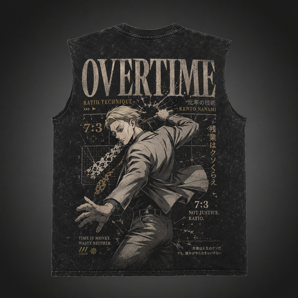 Washed black tank top with Kento Nanami Jujutsu Kaisen Overtime Ratio graphic – photo 2