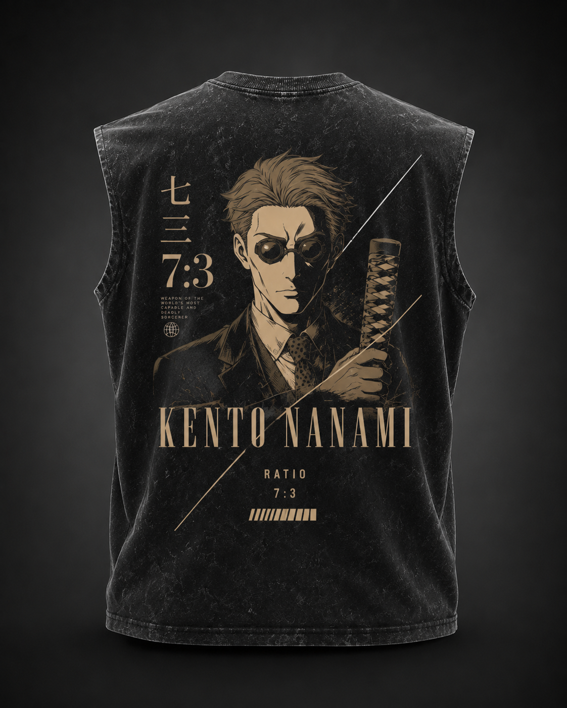 Washed black tank top with Kento Nanami Jujutsu Kaisen Ratio Seven Three graphic – photo 1