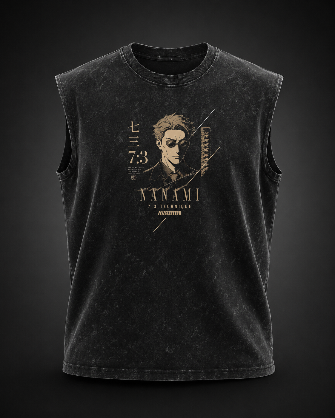 Washed black tank top with Kento Nanami Jujutsu Kaisen Ratio Seven Three graphic – photo 2