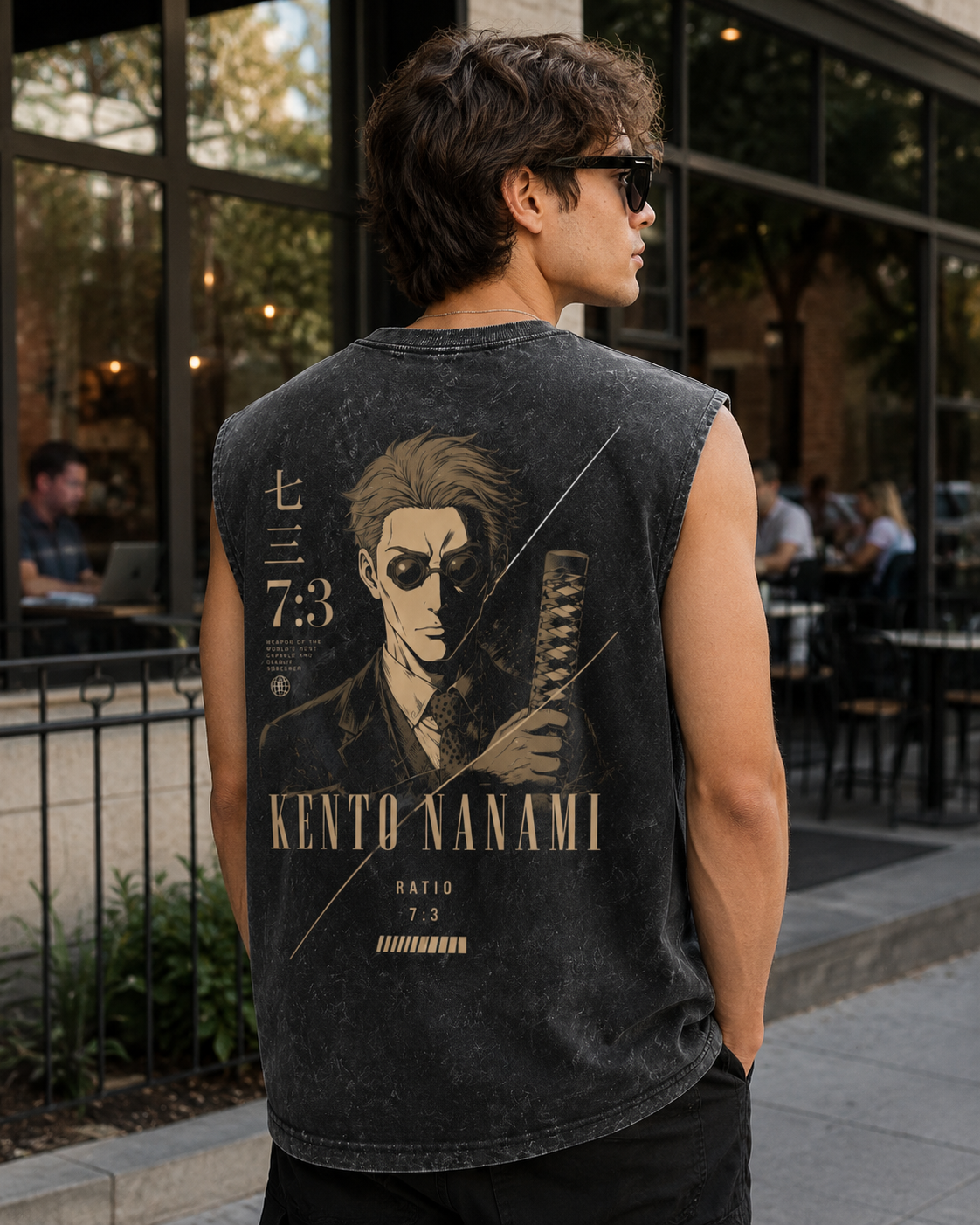 Washed black tank top with Kento Nanami Jujutsu Kaisen Ratio Seven Three graphic – photo 3