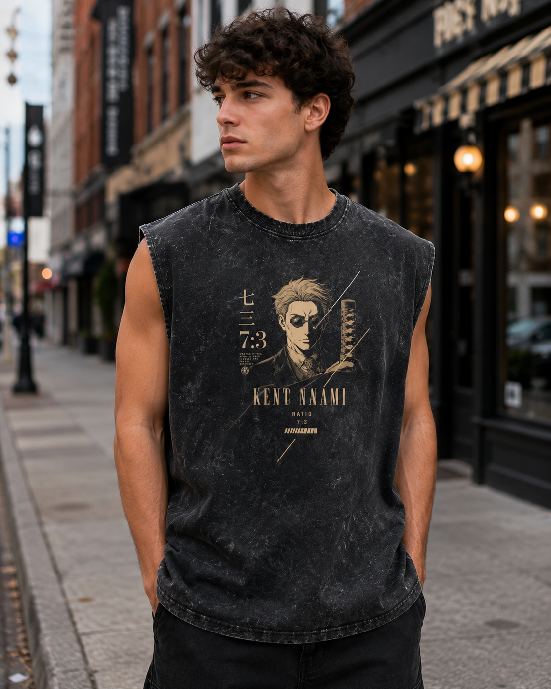 Washed black tank top with Kento Nanami Jujutsu Kaisen Ratio Seven Three graphic – photo 4