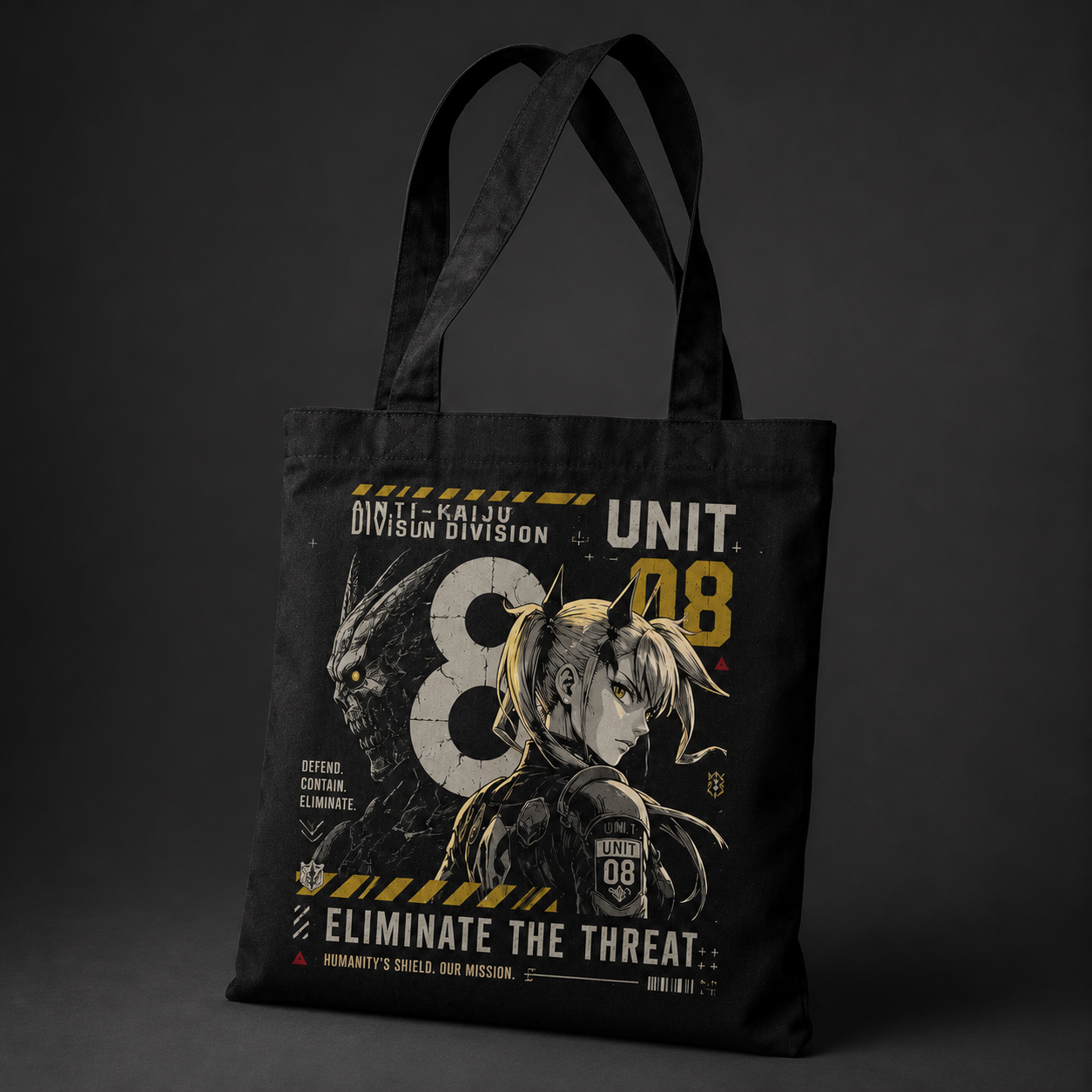 Black tote bag with Kikoru Shinomiya Kaiju No. 8 Eliminate The Threat graphic – photo 2