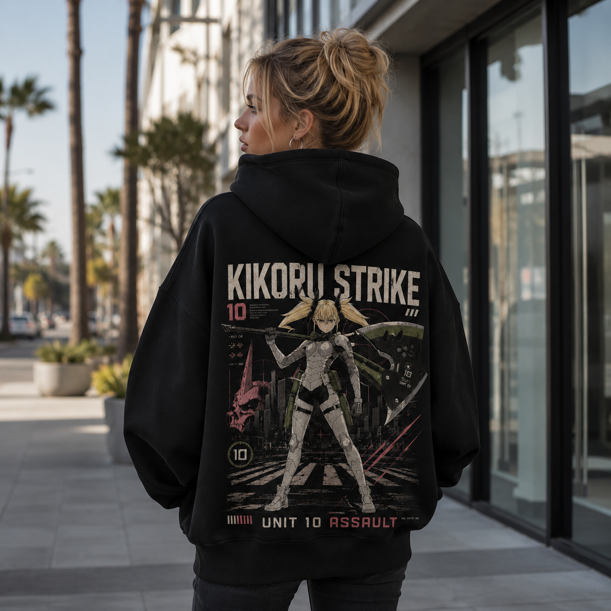 Black hoodie with Kikoru Shinomiya Kaiju No. 8 Kikoru Strike graphic – photo 3