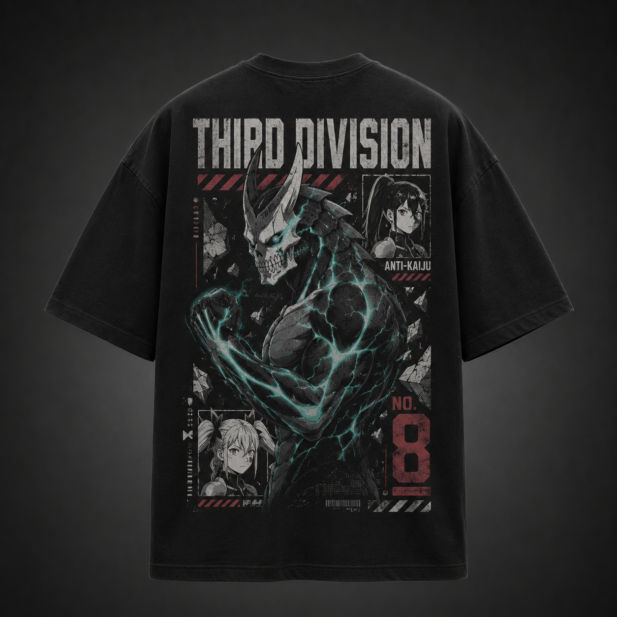 Black t-shirt with Kikoru Shinomiya & Mina Ashiro Kaiju No. 8 Third Division graphic – photo 1