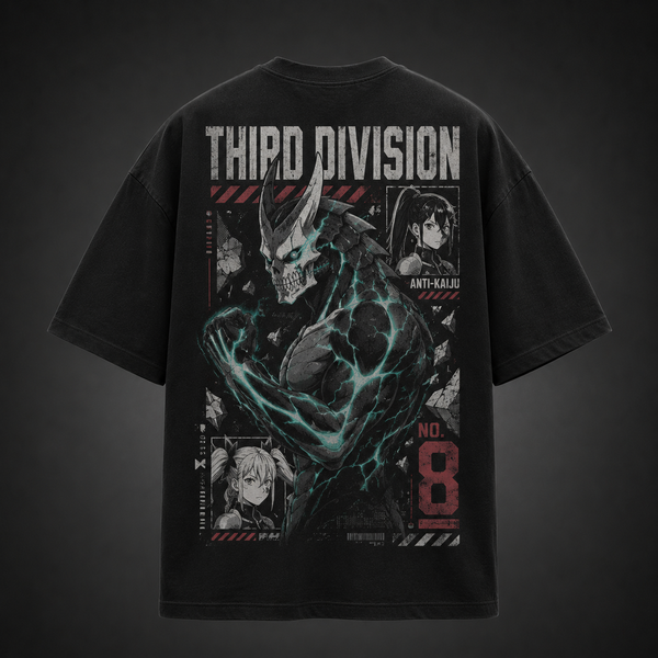 Black t-shirt with Kikoru Shinomiya & Mina Ashiro Kaiju No. 8 Third Division graphic – photo 1
