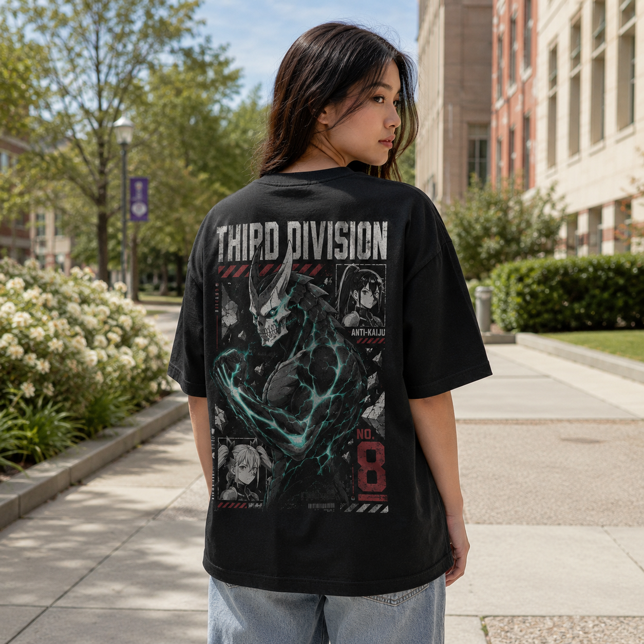 Black t-shirt with Kikoru Shinomiya & Mina Ashiro Kaiju No. 8 Third Division graphic – photo 3
